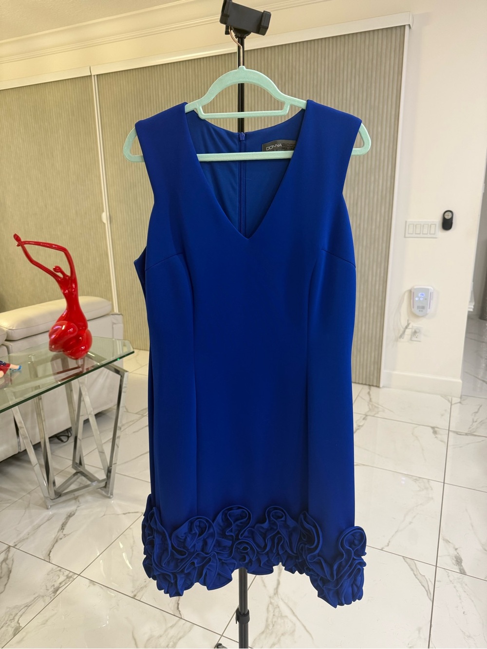 Donna Ricco Cobalt Blue V-Neck Sleeveless Dress with Ruffle Hem